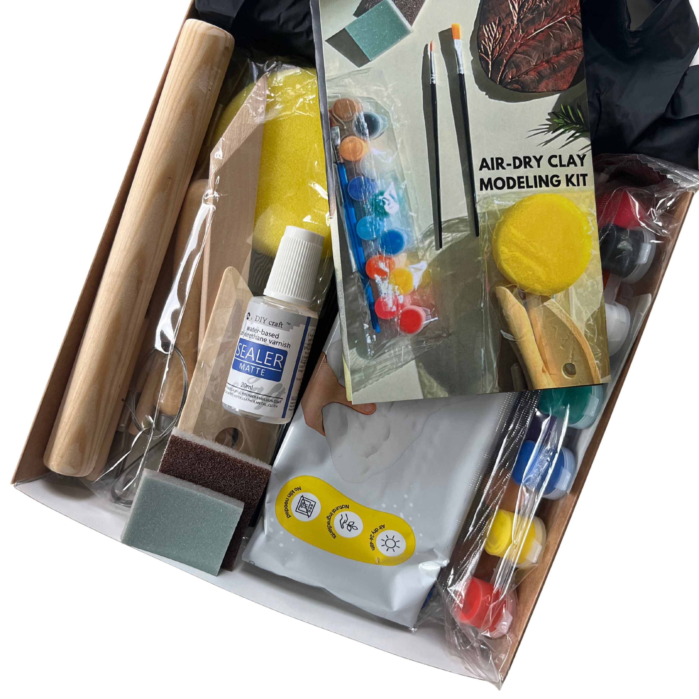 Air-dry clay modeling kit with tools and supplies in a box