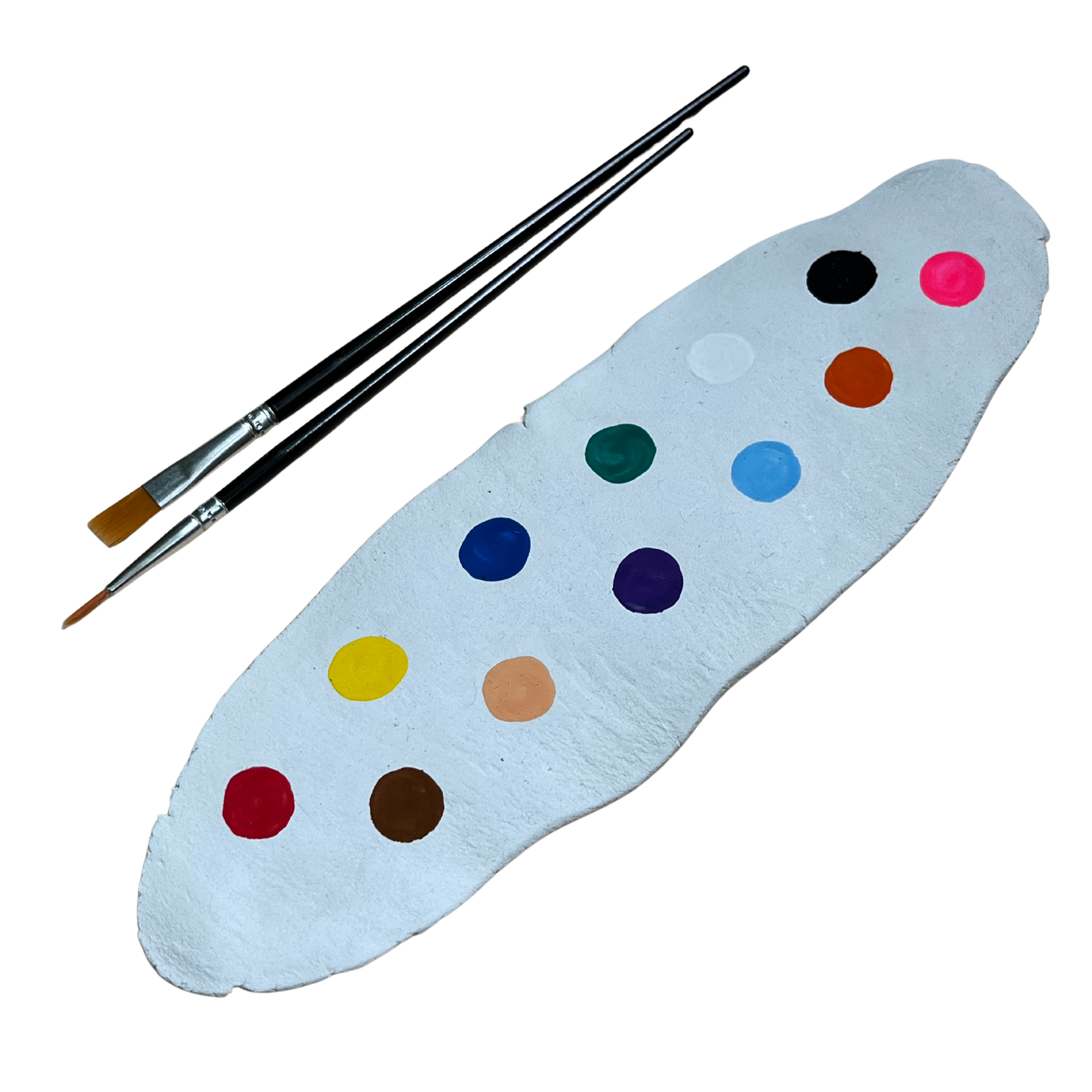 Paintbrushes and a paint palette with color samples on a white background