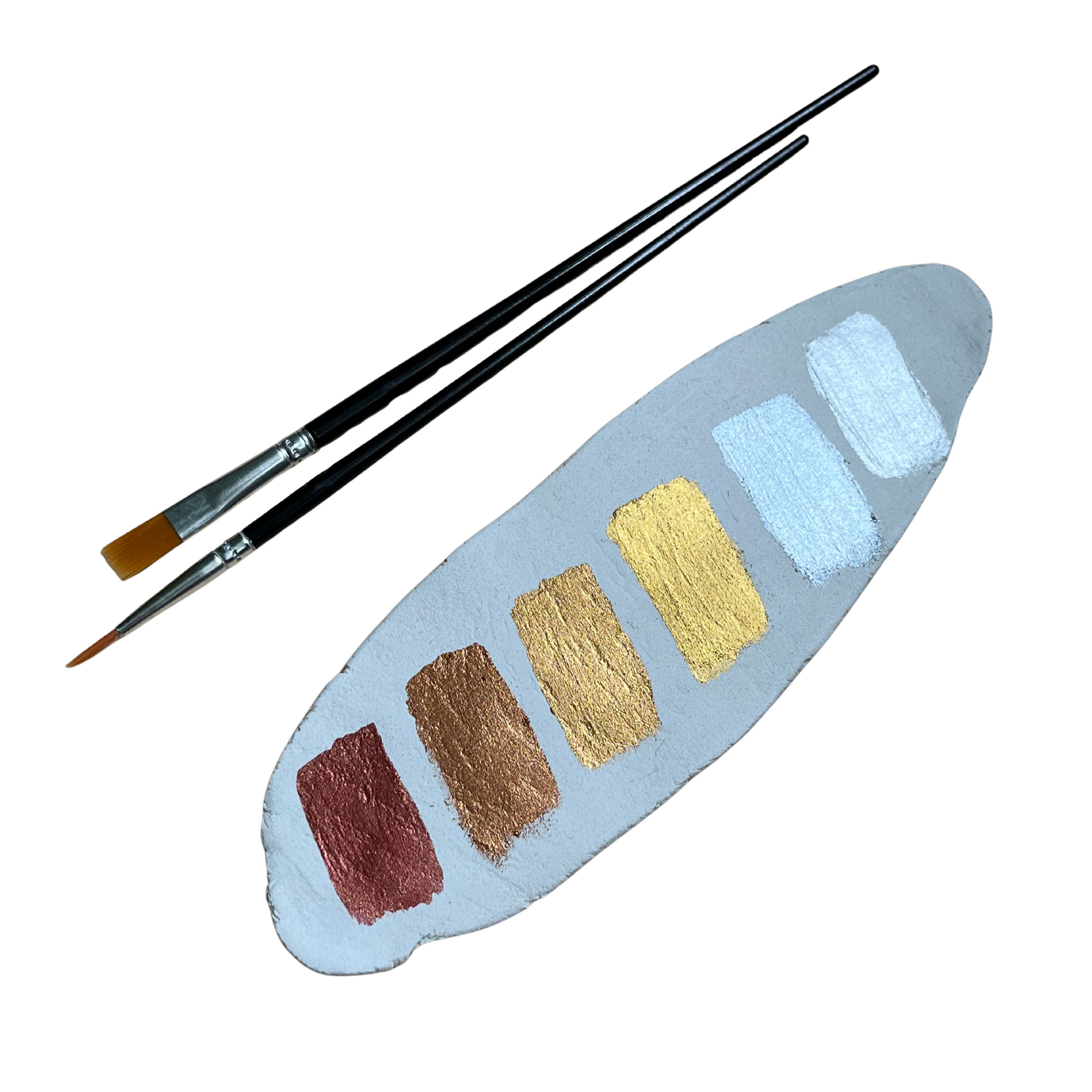 metallic paint palette with 6 colors and a brush on a white background