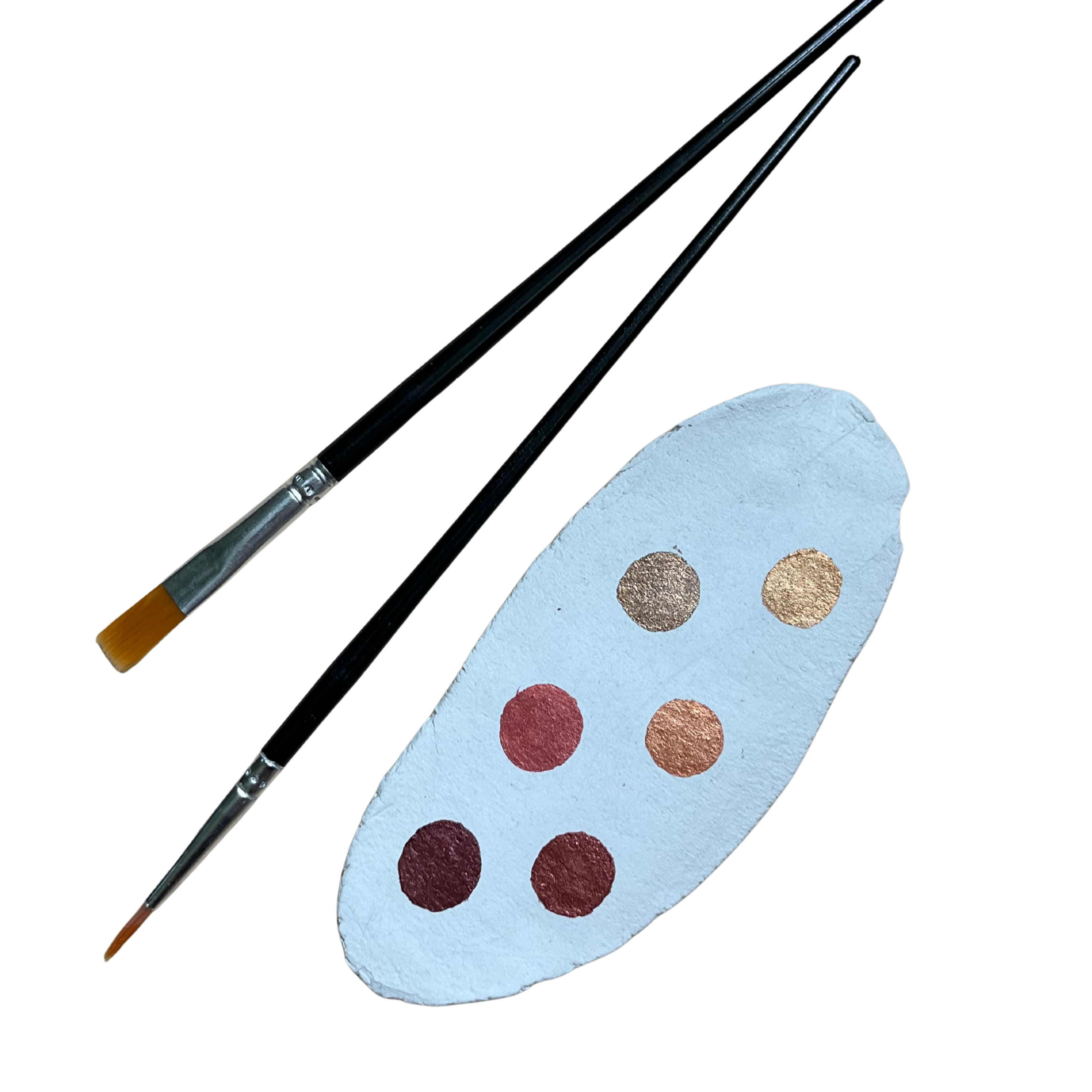 Two paintbrushes and a small mini palette with metallic paint colors on a white background
