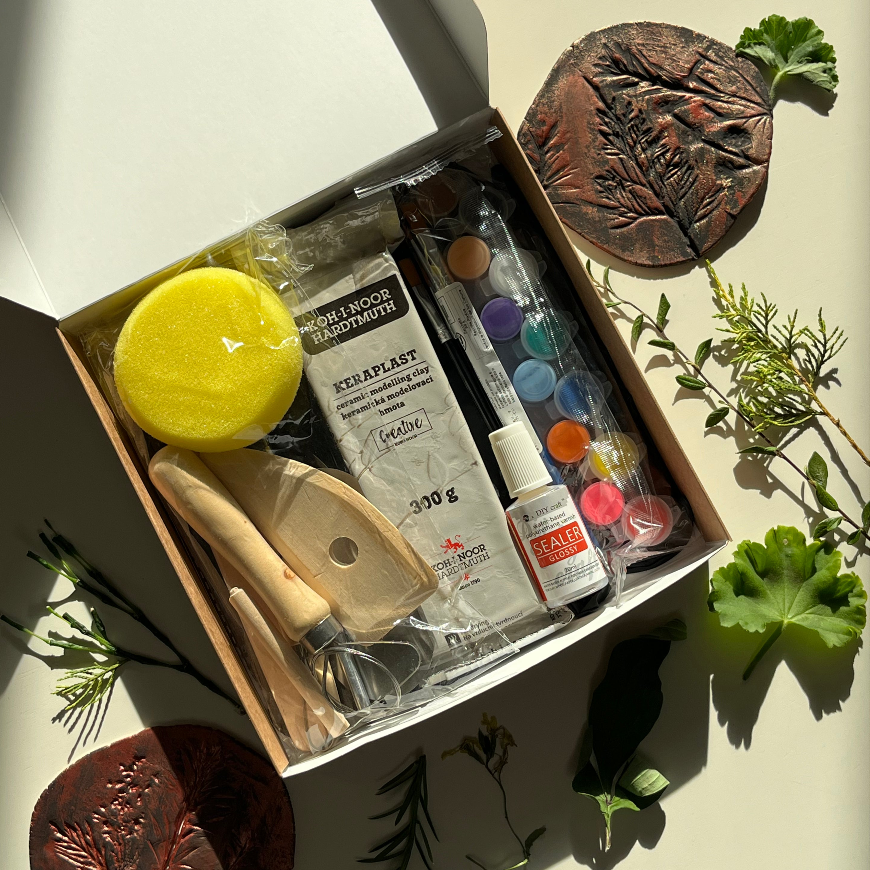 Handcraft kit box containing various items including clay, sculpting tools, paints, brushes and varnish on a light background with plants.